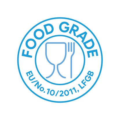 Blue 'Food Grade' logo with EU and LFGB references on a white background