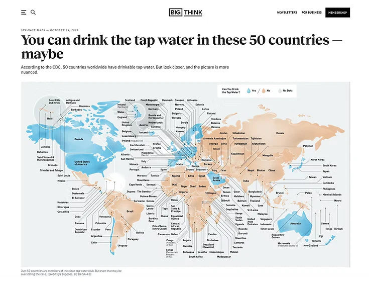 World map showing countries with drinkable tap water, sourced from BIG THINK.