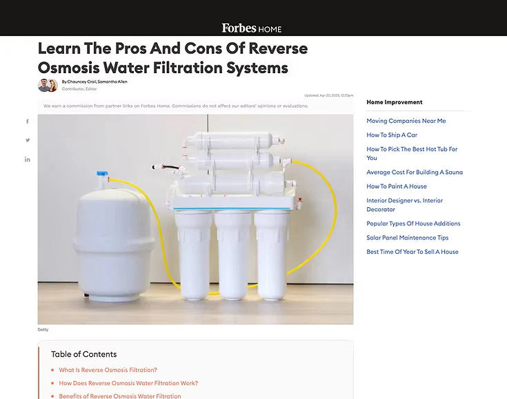 Reverse osmosis water filtration system on a Forbes Home article page.
