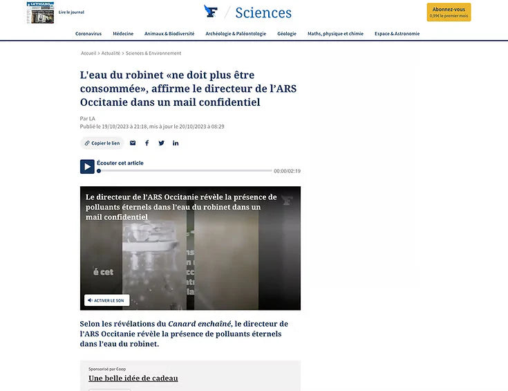 News article about water from the faucet not being consumed, according to the director of ARS Occitanie, on a website with a white background.