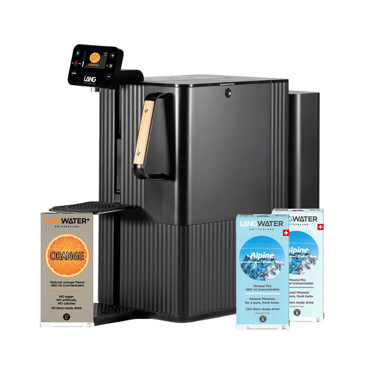 Black water filtration system with LANGWATER packaging on a white background