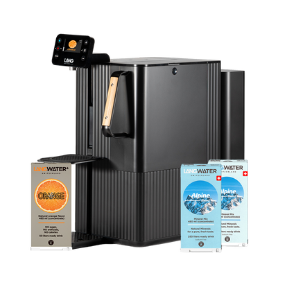 Black water filtration system with LANGWATER packaging on a white background