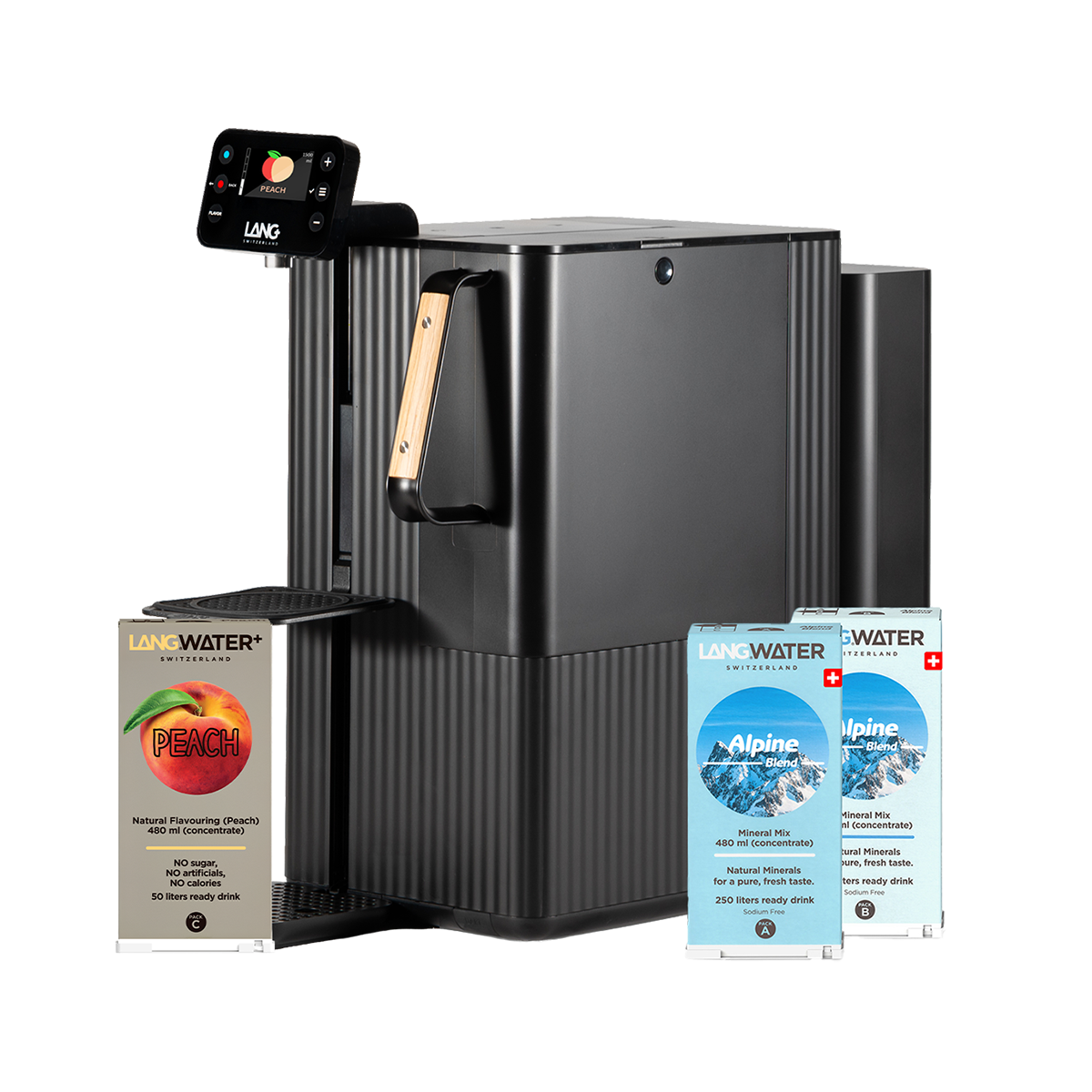 Black LANGwater dispenser with water packaging on a white background