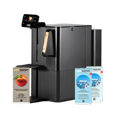 Black LANGwater dispenser with water packaging on a white background