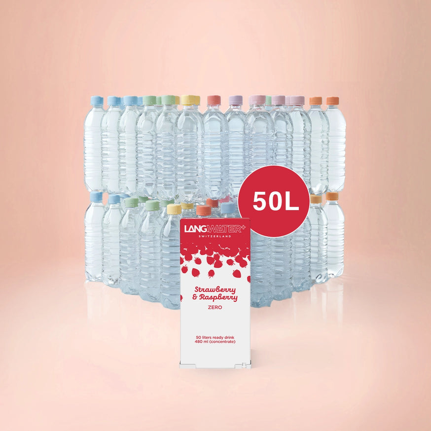 Stack of water bottles with a strawberry and raspberry flavor label on a pink background
